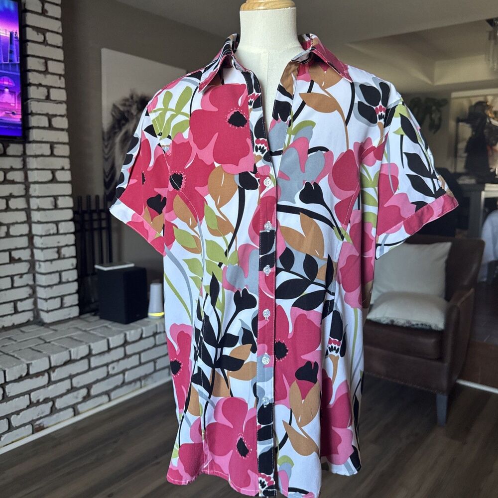 Sarah Bentley Vintage Floral Button Up Shirt M Medium Pink Red Short Sleeve Mod